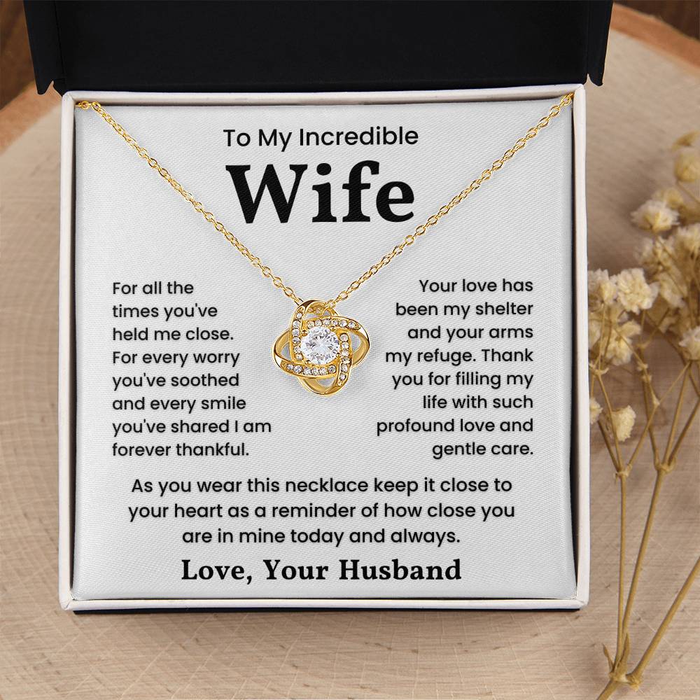 Love Knot Necklace for Incredible Wife with Heartfelt Message on Display