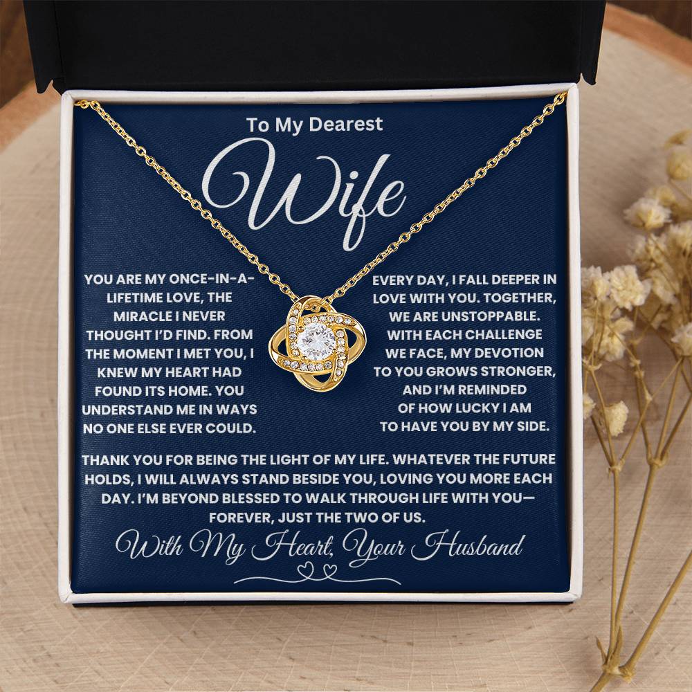 Love Knot Necklace for Wife with Message Card - A Gift of Unbreakable Bond and Devotion, 14k Gold Plated with Cubic Zirconia.