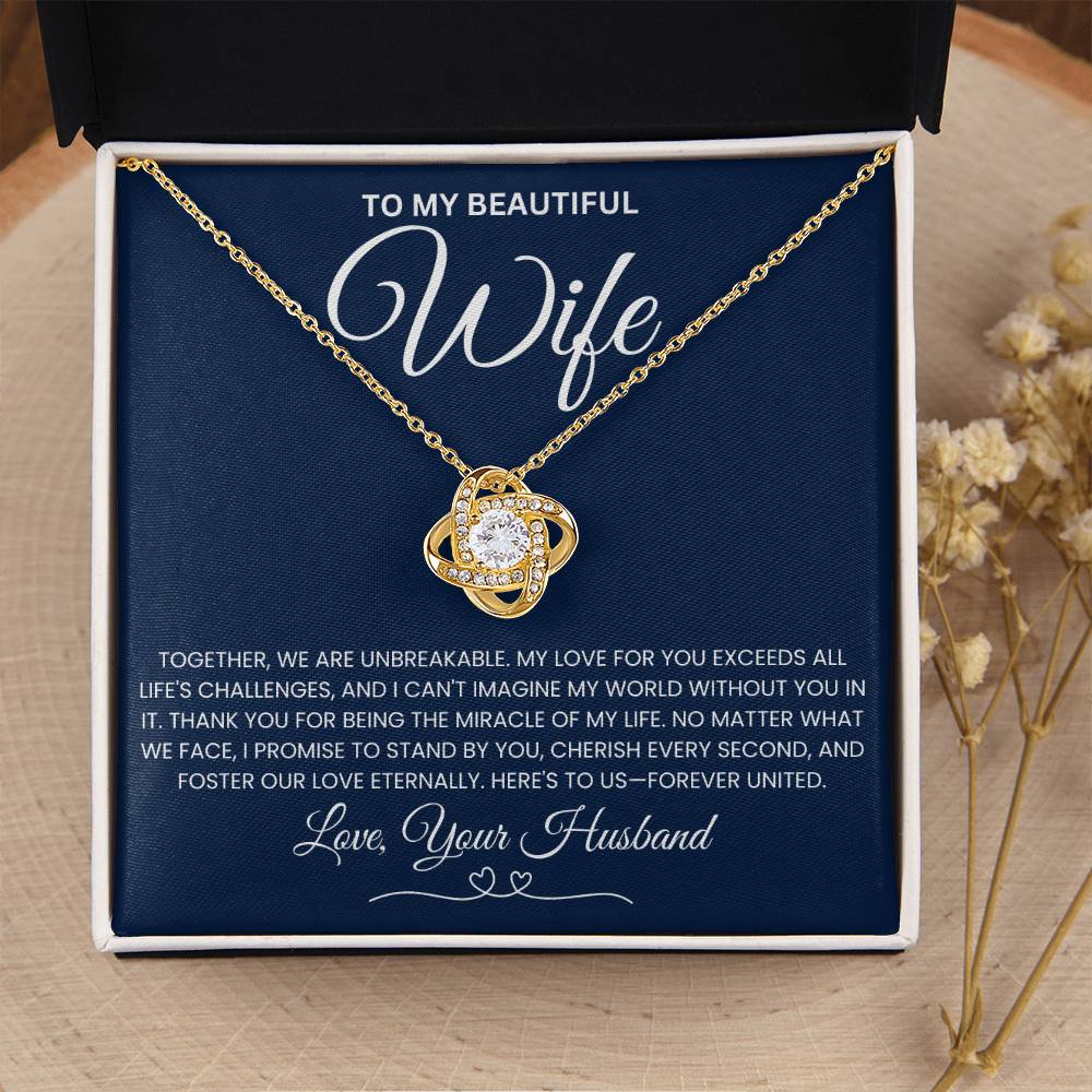 Love Knot Necklace for Wife with Sentimental Message and Gold Chain in Gift Box