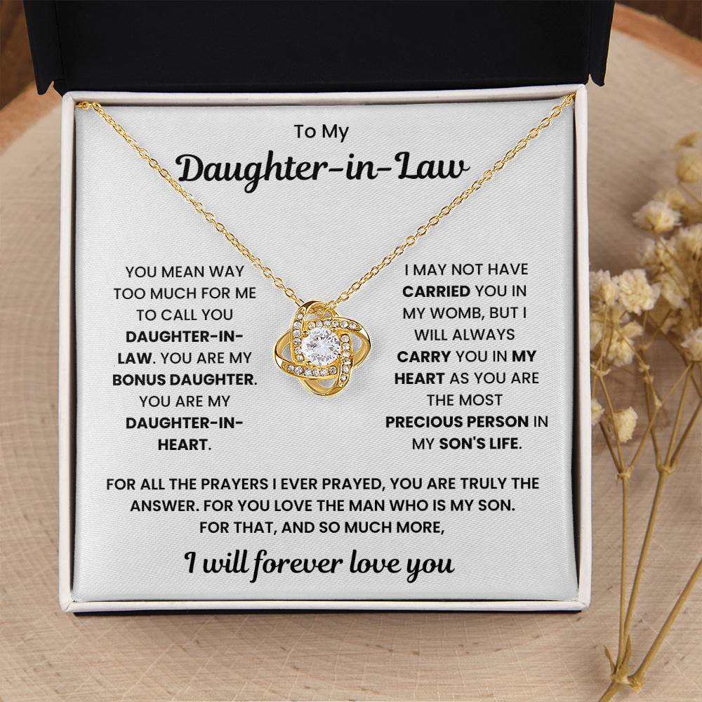 Love Knot Necklace for Daughter-In-Law with heartfelt message, perfect gift, 50% off and free shipping.