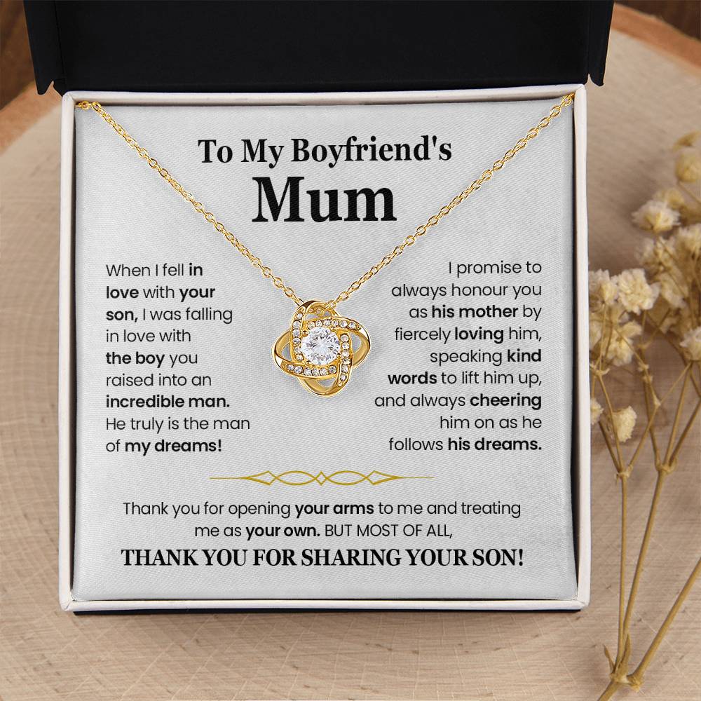 Love Knot Necklace for Boyfriend's Mum with heartfelt message and premium cubic zirconia in gift box.