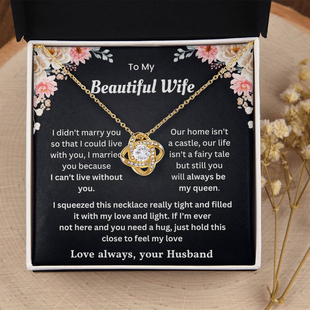 Gold love knot necklace for wife with heartfelt message from husband in gift box