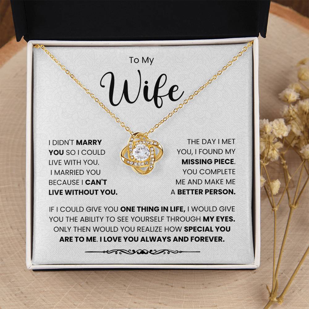 Love knot necklace for wife with heartfelt message on display - "To My Wife, I Love You Always and Forever"