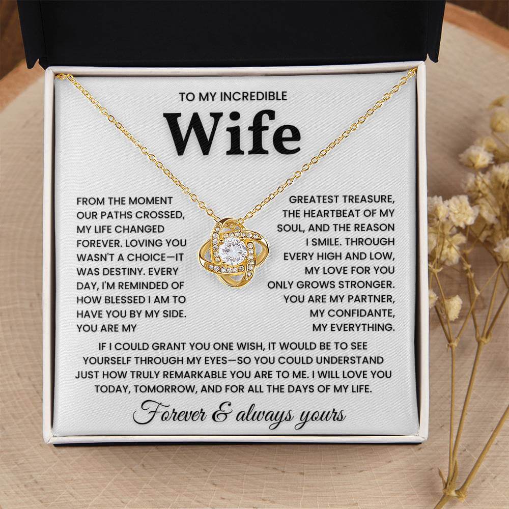 Gold necklace gift for wife with heartfelt message in box - "I Will Love You Today, Tomorrow, and For All the Days of My Life"