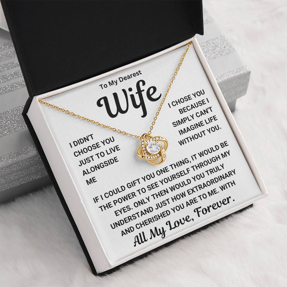 To My Dearest Wife Love Knot Necklace in gift box with heartfelt message and premium cubic zirconia crystals, perfect romantic gift.