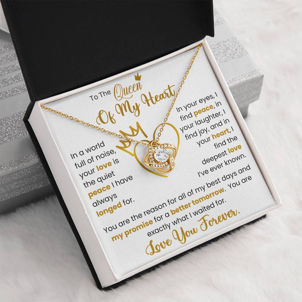 Gold Love Knot Necklace in gift box with heartfelt message for the Queen of My Heart, embellished with cubic zirconia crystals.