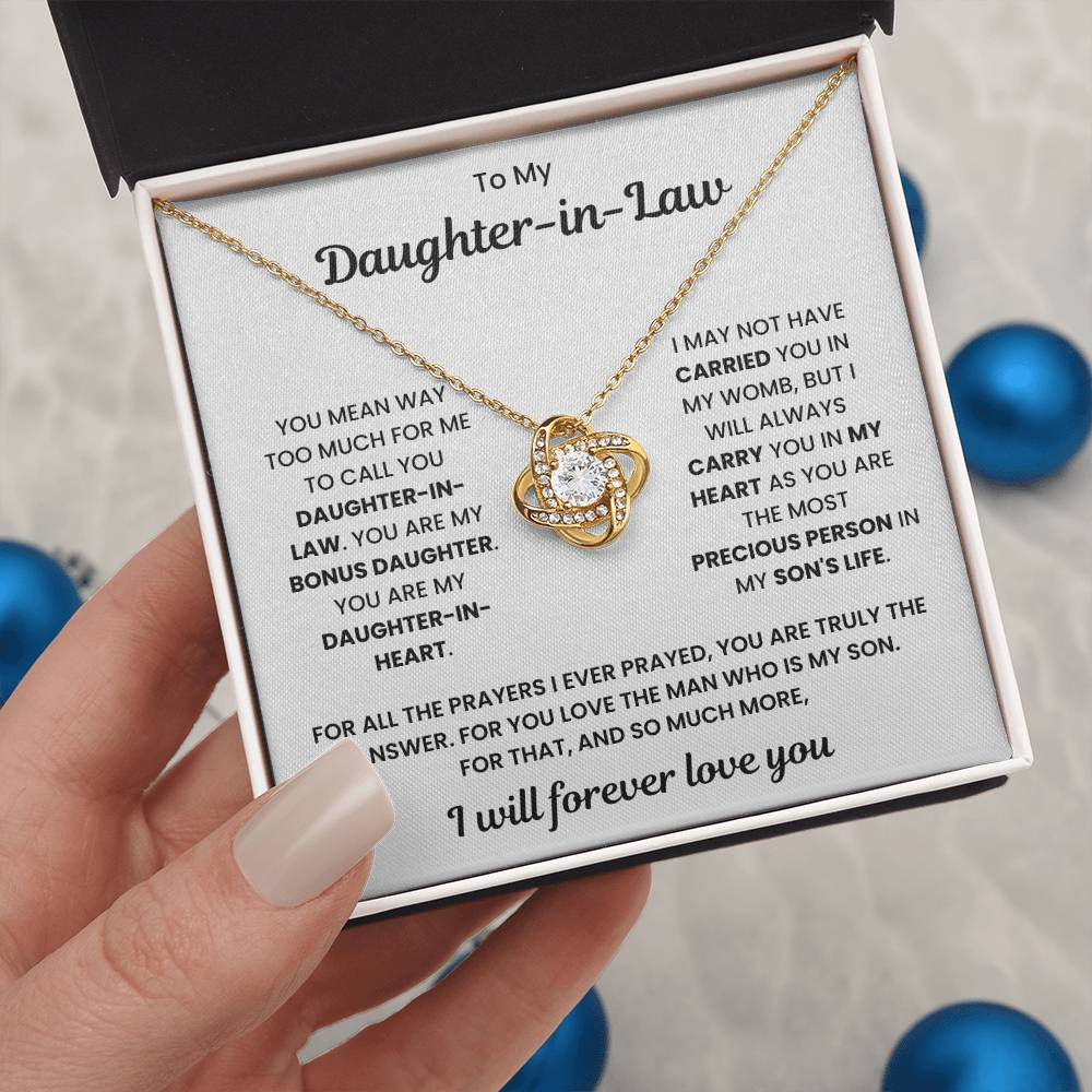 Love Knot Necklace in gift box with heartfelt message to daughter-in-law. Perfect gift expressing love and gratitude. 50% off with free shipping.