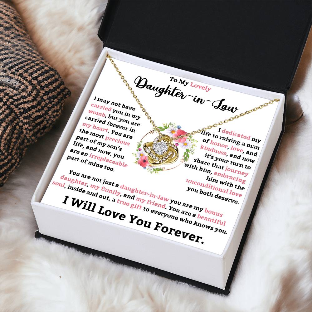 Love Knot Necklace for Daughter-in-Law with heartfelt message in gift box, perfect gift for showing appreciation and love.