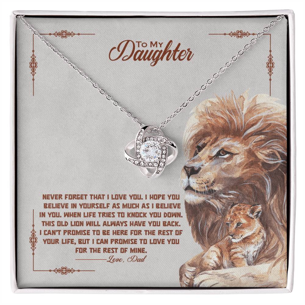 Love Knot Necklace Gift For Daughter with lion illustration and heartfelt message from dad on decorative card.