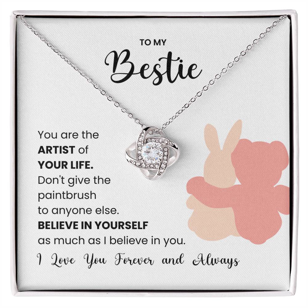 Love Knot Necklace for best friend with motivational note, featuring premium cubic zirconia pendant, perfect gift to symbolize unbreakable bond