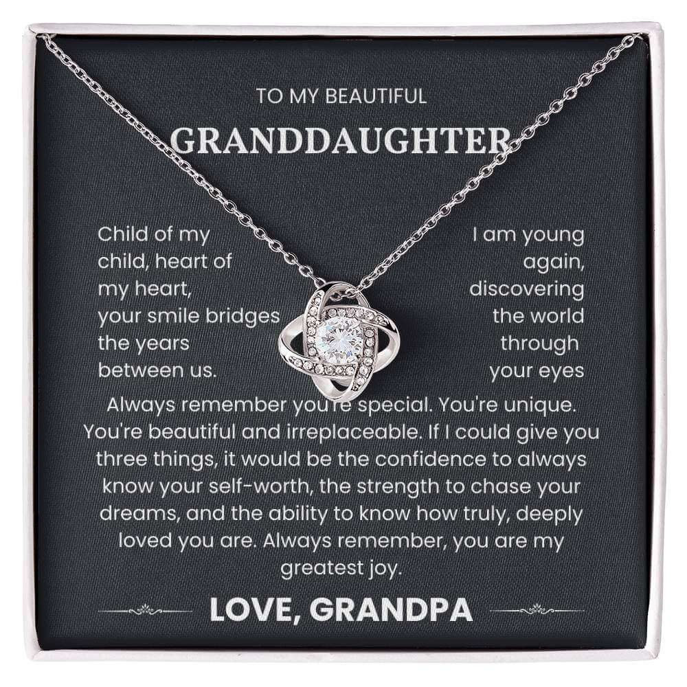 Love Knot Necklace for Granddaughter with heartfelt message from Grandpa about self-worth, dreams, and love on a black card background.