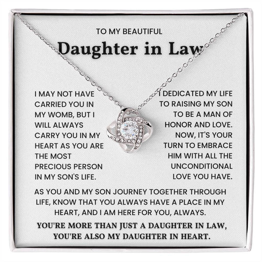 Love knot necklace with heartfelt message for daughter in law in elegant gift box