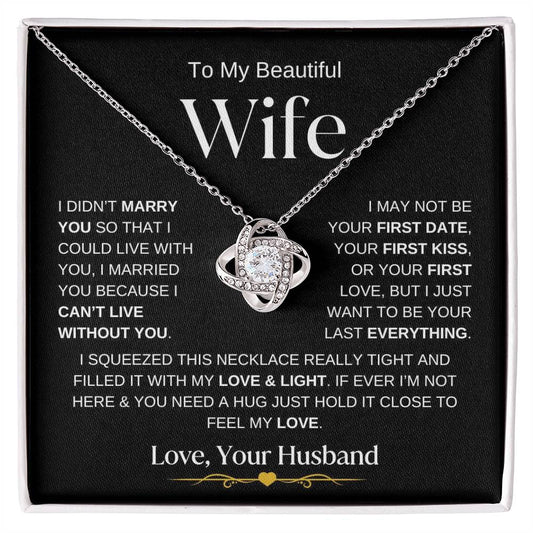 Love Knot Necklace Gift for Wife with Heartfelt Message from Husband on Black Background