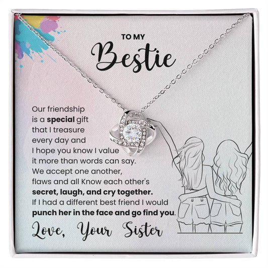 Love Knot Necklace gift for best friends with heartfelt message, featuring two friends illustration and touching friendship quote.