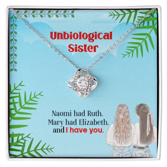 Love Knot Necklace for Unbiological Sister, featuring cubic zirconia and 14k white gold over stainless steel in a gift box with message