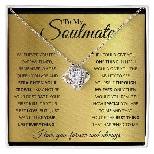 To My Soulmate Love Knot Necklace with cubic zirconia crystals, a perfect gift symbolizing an unbreakable bond, 14k white gold over stainless steel