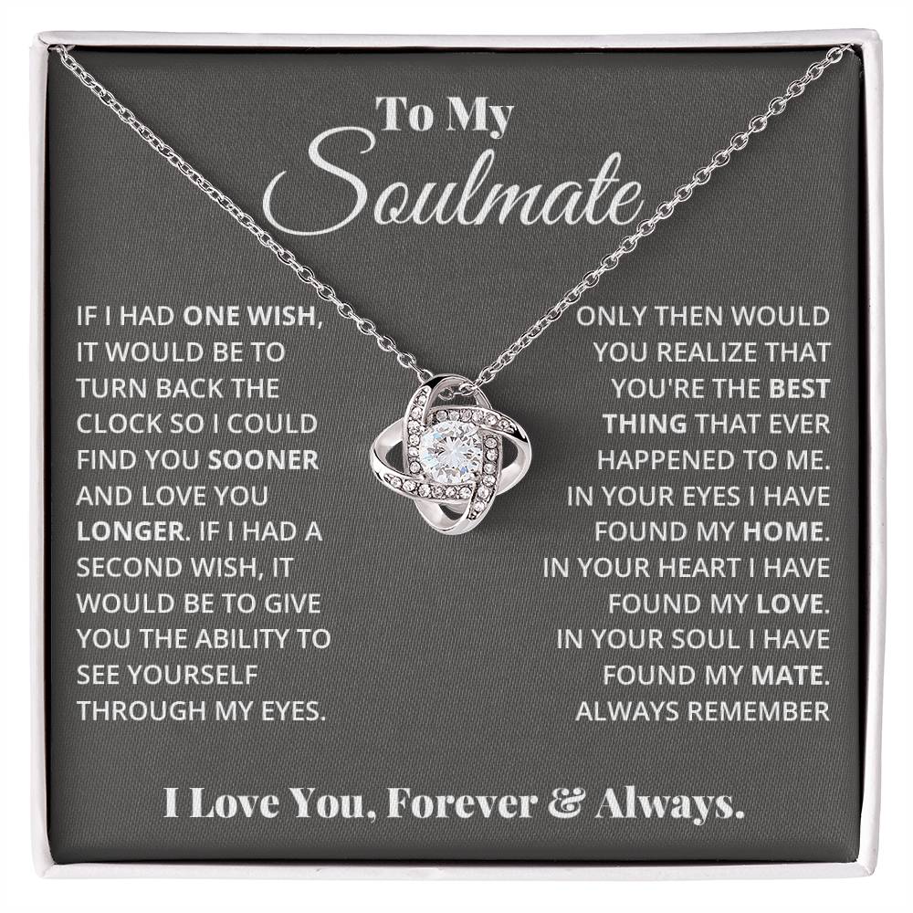 Love Knot Necklace with cubic zirconia crystals on a message card titled "To My Soulmate." The card's message expresses love and eternal bond.