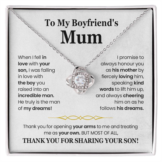 Love Knot Necklace gift for boyfriend's mum, featuring a heartfelt message of appreciation and premium cubic zirconia crystals.