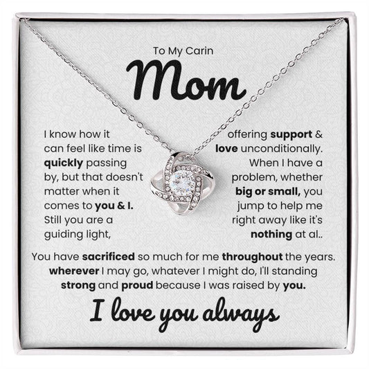 Love Knot Necklace with heartfelt message for caring mom, expressing gratitude and unconditional support, displayed on a decorative card