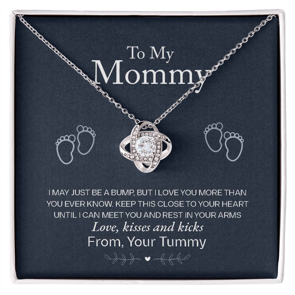 To My Mommy Love Knot Necklace with cubic zirconia pendant, perfect gift in 14k white gold, featuring an unbreakable bond between souls