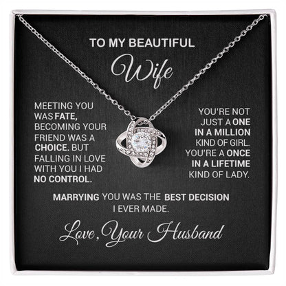 Love Knot Necklace gift for wife with heartfelt message, featuring cubic zirconia crystals and elegant design in gift box.