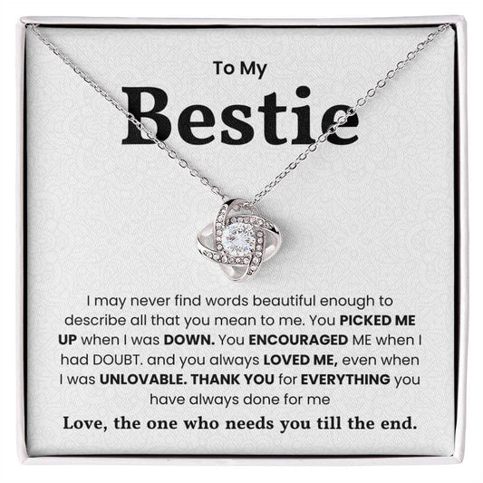 Love Knot Necklace for Bestie with heartfelt message of appreciation and love for always being supportive.