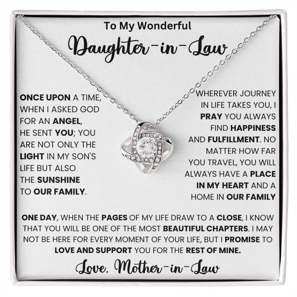 Love Knot Necklace with heartfelt message for daughter-in-law, featuring cubic zirconia crystals, perfect gift from mother-in-law for special occasions