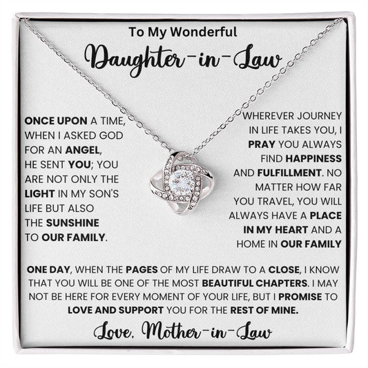 Love Knot Necklace with heartfelt message for daughter-in-law, featuring cubic zirconia crystals, perfect gift from mother-in-law for special occasions