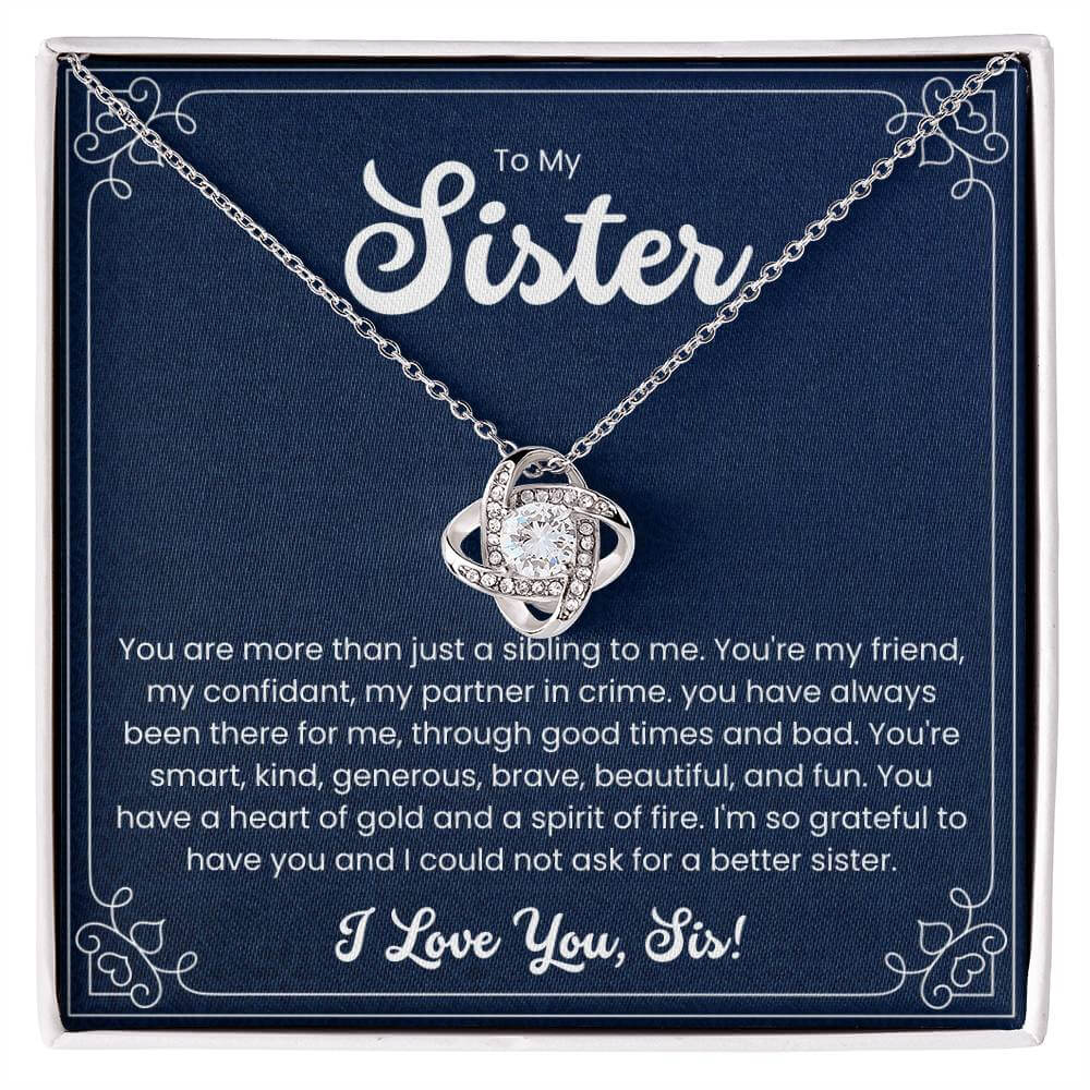 Love Knot Necklace with heartfelt message for sister, expressing love and appreciation on a navy blue background.