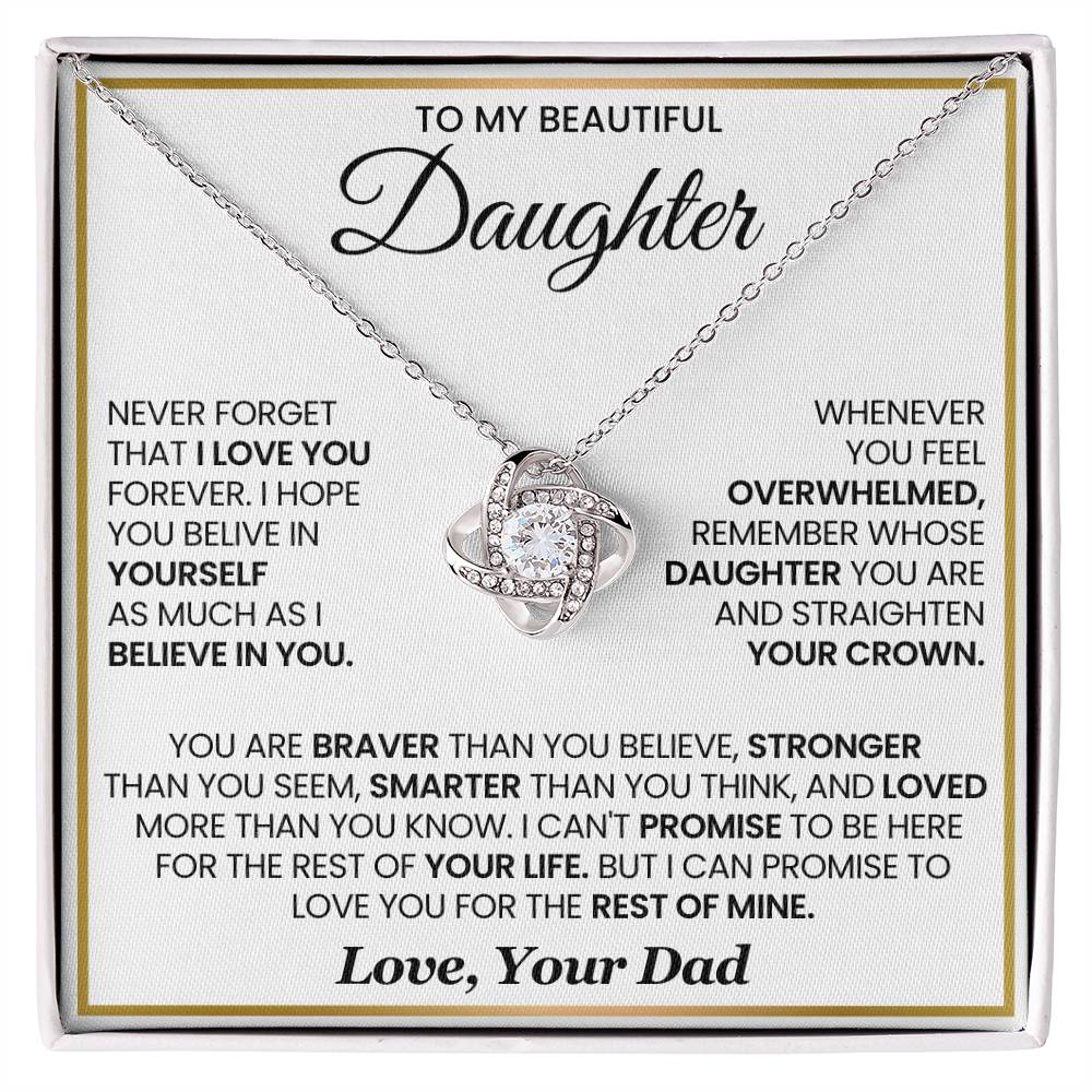 Love Knot Necklace for Daughter with Inspirational Message from Dad, Perfect Gift, 50% Off, Cubic Zirconia, White or Yellow Gold.