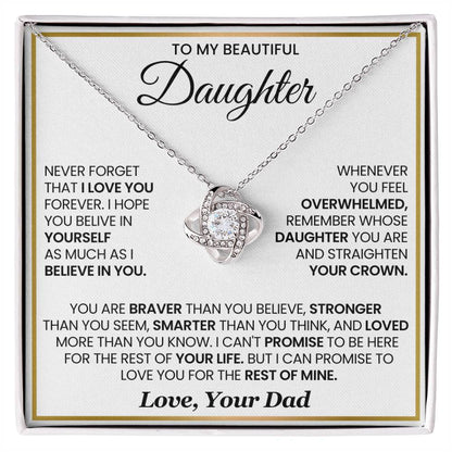 Love Knot Necklace for Daughter with Inspirational Message from Dad, Perfect Gift, 50% Off, Cubic Zirconia, White or Yellow Gold.