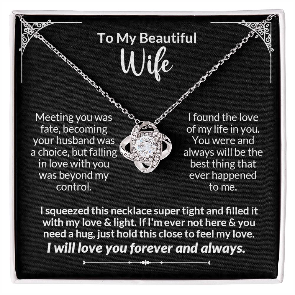 Love Knot Necklace gift for wife with heartfelt message, cubic zirconia crystals, perfect for special occasions.