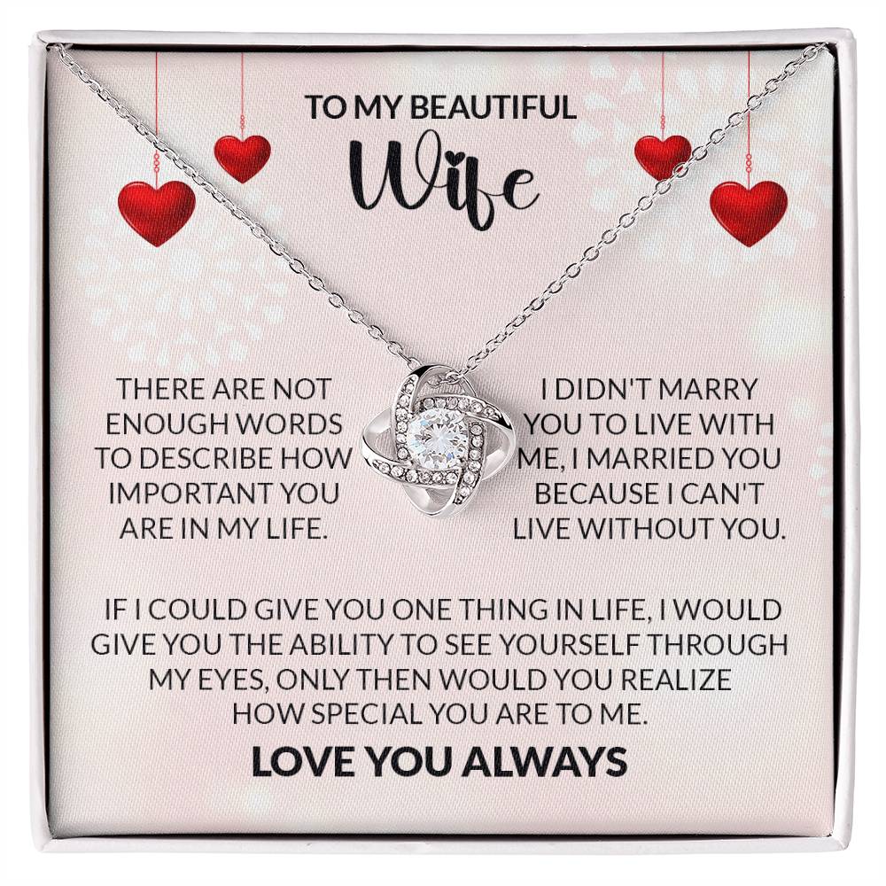 Love Knot Necklace gift box with heartfelt message for wife, featuring a cubic zirconia pendant symbolizing an unbreakable bond.