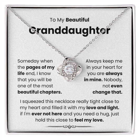 Love Knot Necklace with heartfelt message for granddaughter on display card.