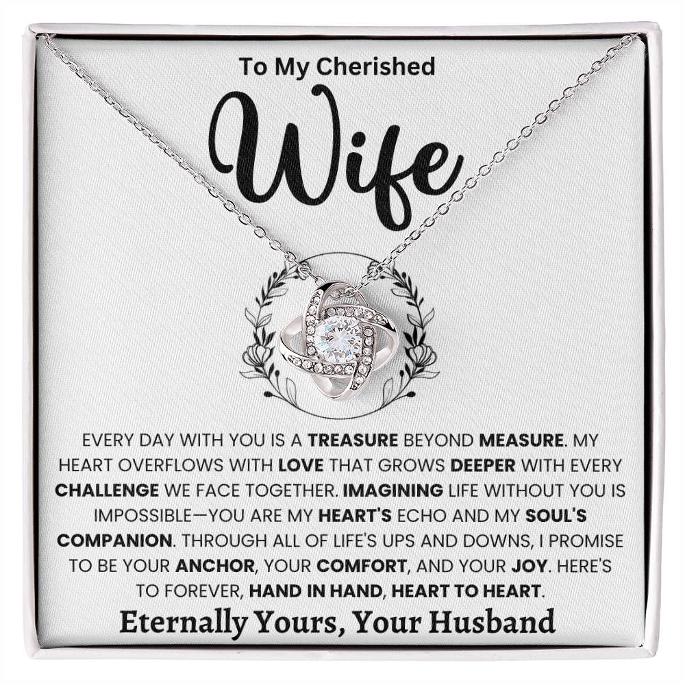 Love Knot Necklace in gift box with romantic message for wife, featuring cubic zirconia pendant, perfect for special occasions.