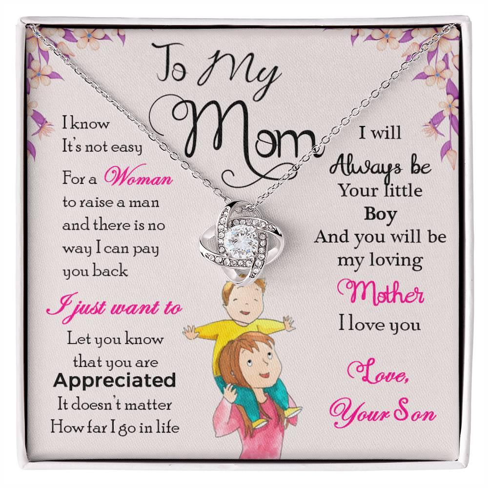 To My Mom Love Knot Necklace with cubic zirconia, message card featuring heartfelt letter from son, perfect gift for mother appreciation