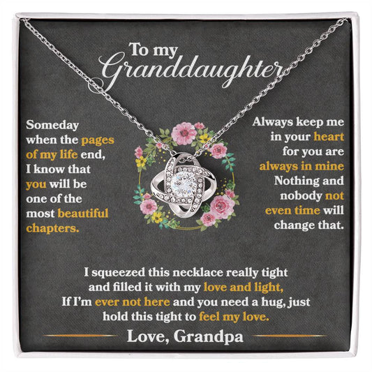 Love Knot Necklace gift for granddaughter, featuring a cubic zirconia pendant with sentimental message from grandpa on a floral card background.