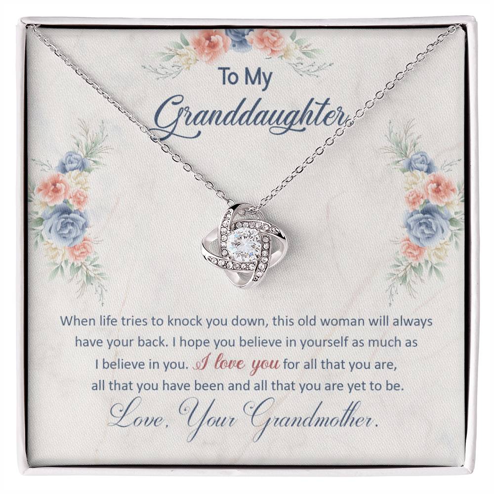 Love Knot Necklace for Granddaughter with Cubic Zirconia Crystals and Heartfelt Message from Grandmother in Gift Box