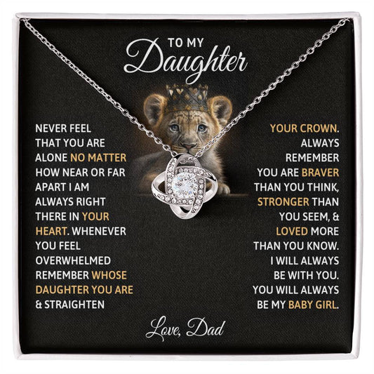 Love Knot Necklace gift for daughter with a lion cub background, heartfelt message from dad, cubic zirconia pendant on a stainless steel chain in a black box.