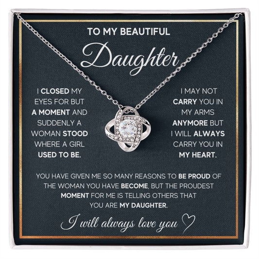 "To My Daughter Love Knot Necklace with heartfelt message, featuring cubic zirconia crystals and chain, perfect gift for daughters."