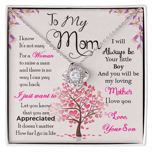 Love Knot Necklace on a heartfelt "To My Mom" message card with a tree of hearts, expressing love and appreciation.