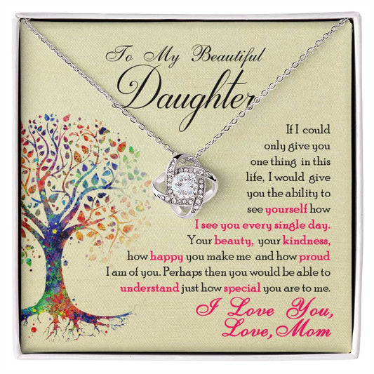 To My Beautiful Daughter necklace with a love knot pendant and heartfelt message from Mom, featuring a colorful tree design.