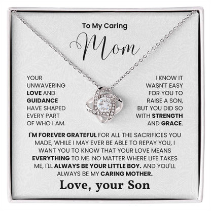 Love Knot Necklace for Mom with heartfelt message from son on background card