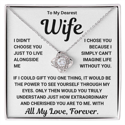 To My Dearest Wife Love Knot Necklace with heartfelt message, perfect gift for wife, featuring cubic zirconia crystals and 14k gold options