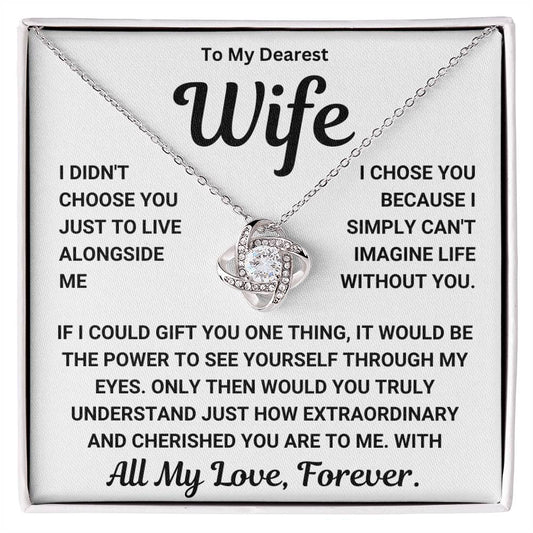 To My Dearest Wife Love Knot Necklace with heartfelt message, perfect gift for wife, featuring cubic zirconia crystals and 14k gold options