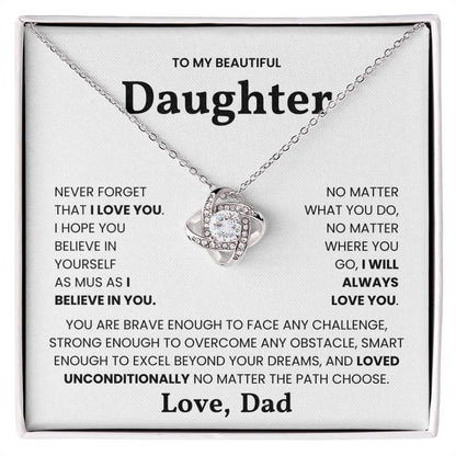 Love Knot Necklace for Daughter with "Never Forget that I Love You" Message from Dad in Gift Box