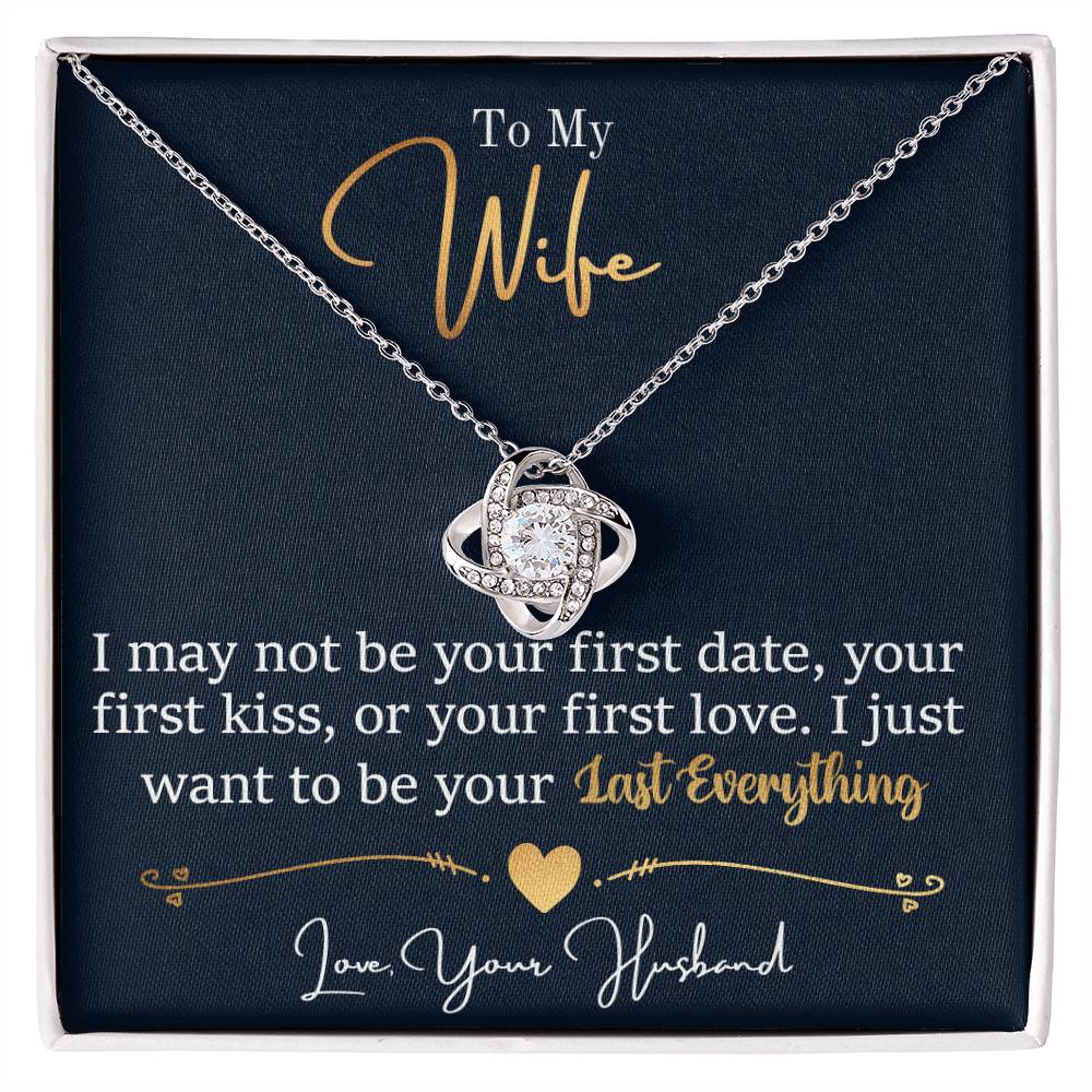 Love Knot Necklace with cubic zirconia crystals in gift box with sentimental message from husband to wife, perfect romantic gift