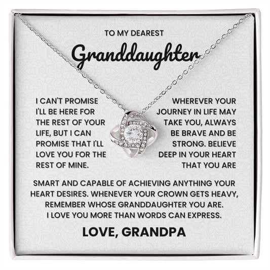 Love knot necklace gift for granddaughter with heartfelt message from grandpa, expressing love and encouragement.