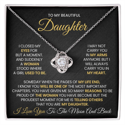 Love Knot Necklace for Daughter with sentimental message on elegant gift box, featuring cubic zirconia and choice of gold plating.