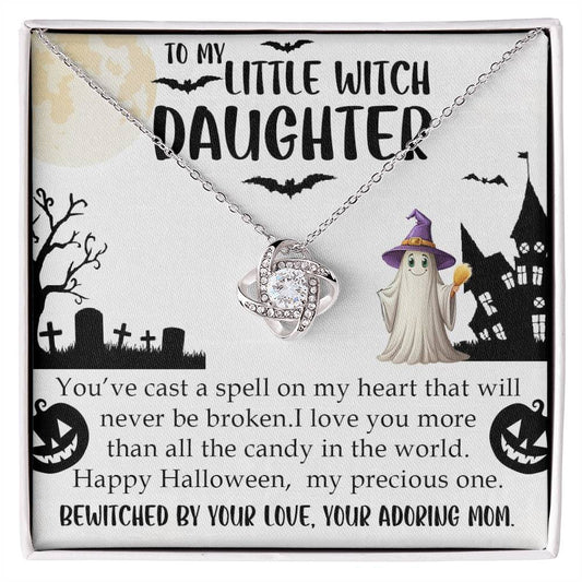 Love Knot Necklace gift with Halloween message for daughter, "To My Little Witch Daughter", bewitching ghost illustration, moon and bats backdrop